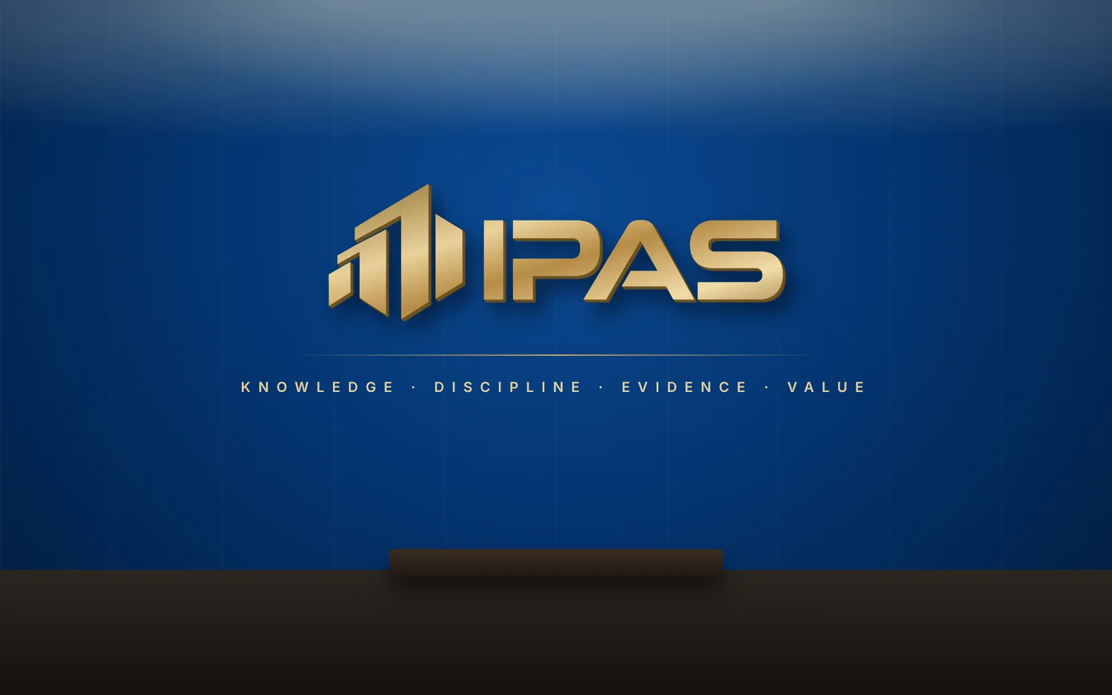 IPAS logo with Knowledge · Discipline · Evidence · Value on a navy office wall
